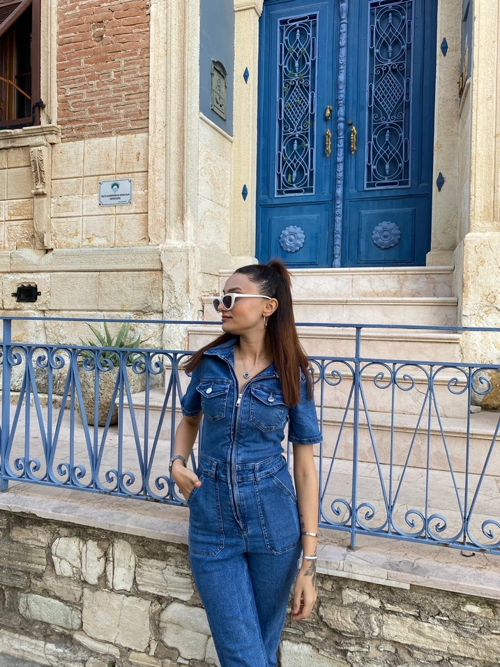 Koyu Mavi Kısa Kollu Denim Tulum - Görsel 5