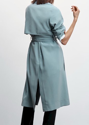 Mavi Uzun Keten Kadın Trençkot - Görsel 7