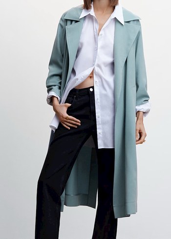 Mavi Uzun Keten Kadın Trençkot - Görsel 8