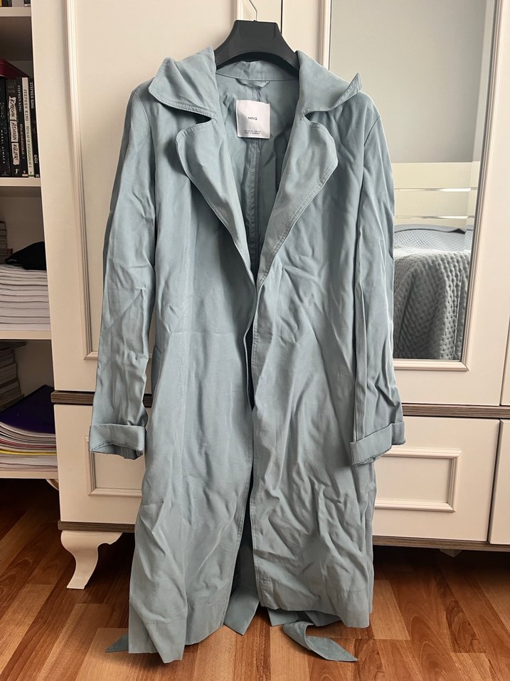 Mavi Uzun Keten Kadın Trençkot - Görsel 2