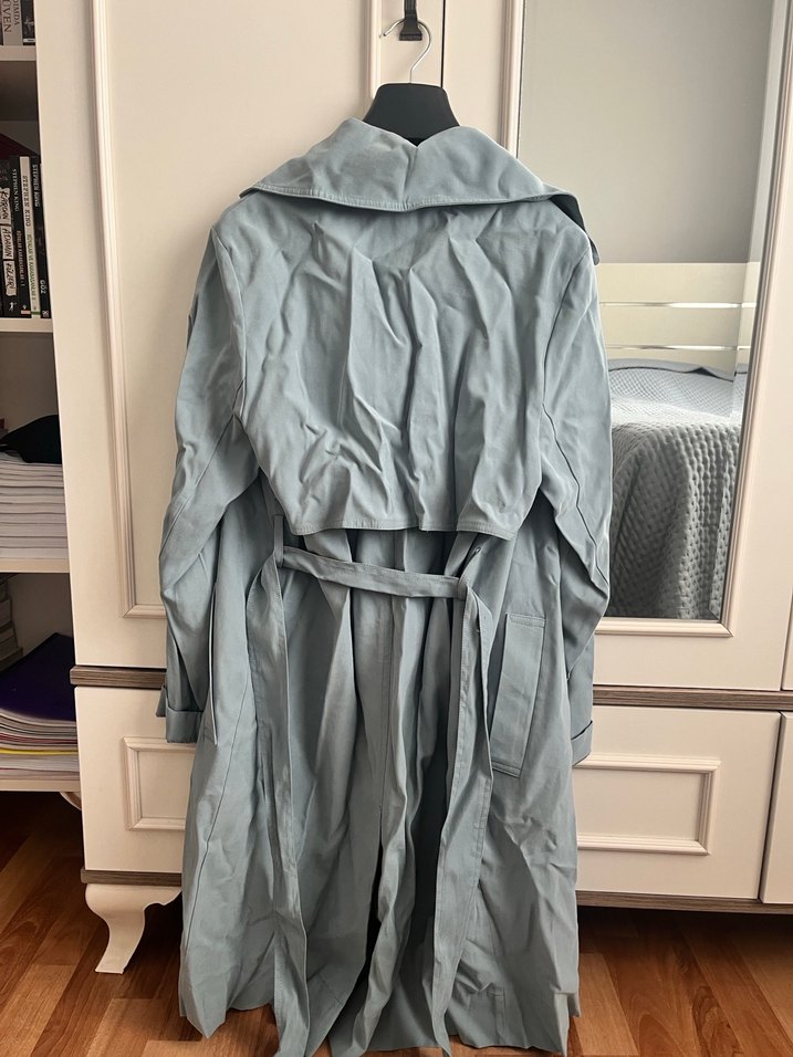 Mavi Uzun Keten Kadın Trençkot - Görsel 4