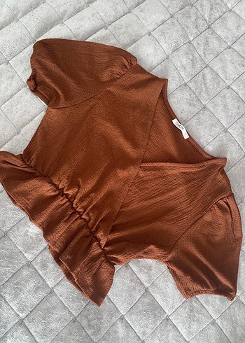 s Beden kahverengi Renk Kahverengi V Yaka Keten Bluz Ruffle Detaylı
