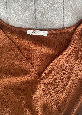 Diğer Kahverengi V Yaka Keten Bluz Ruffle Detaylı
