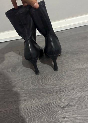 Siyah Deri Yılan Desenli Stiletto Topuklu streç Bot - Görsel 3