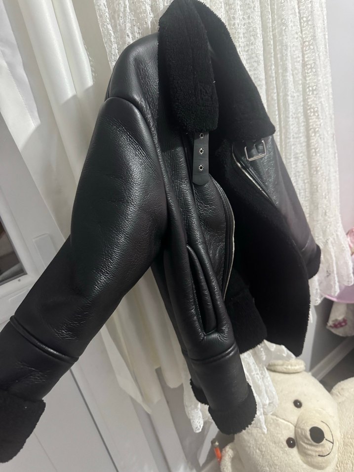 Siyah Deri Biker Ceket, Tokalı, Midi Boy - Görsel 2