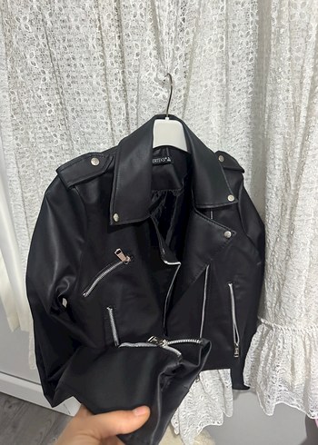 Kadın Siyah Kısa Deri Biker Ceket - Görsel 3