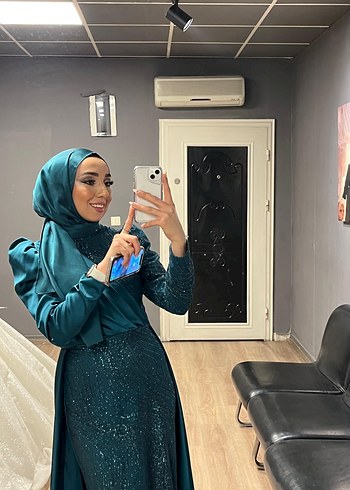 Turkuaz Uzun Kollu Drape Detaylı Abiye Elbise