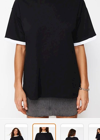 Siyah Beyaz Kenarlı Rahat Kesim Tişört - Görsel 2