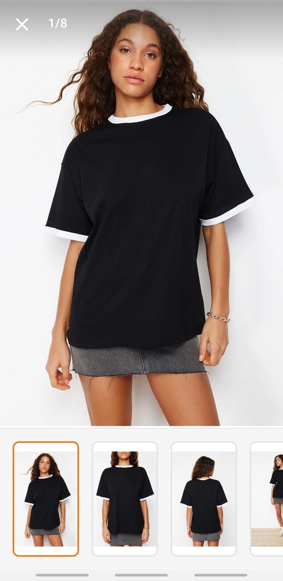 Siyah Beyaz Kenarlı Rahat Kesim Tişört - Görsel 3