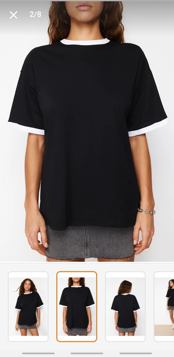 Siyah Beyaz Kenarlı Rahat Kesim Tişört - Görsel 2