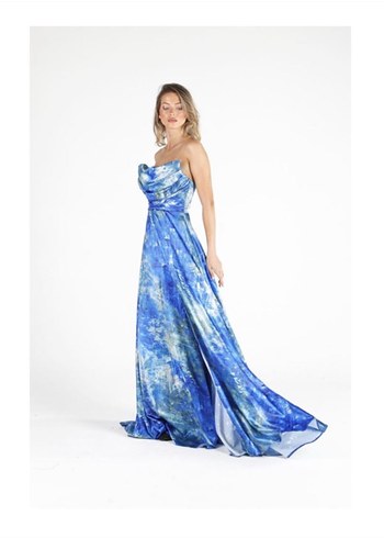 Mavi Drapeli Uzun Straplez Elbise - Görsel 2