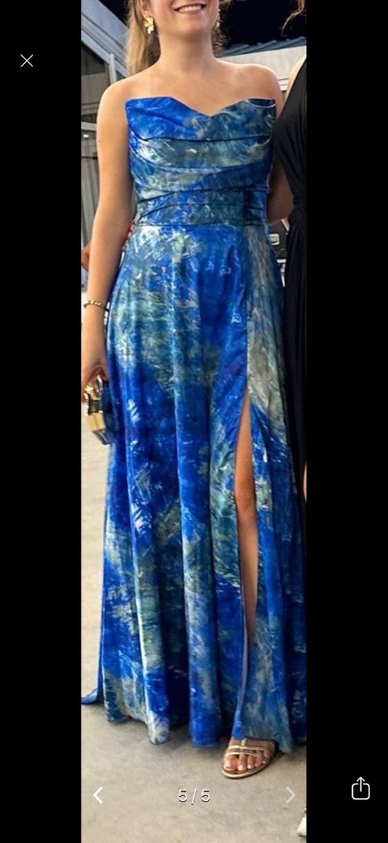 Mavi Drapeli Uzun Straplez Elbise - Görsel 5