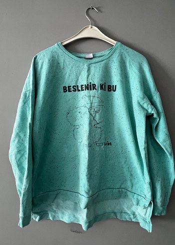Düğmeli Turkuaz Baskılı Kız Sweatshirt