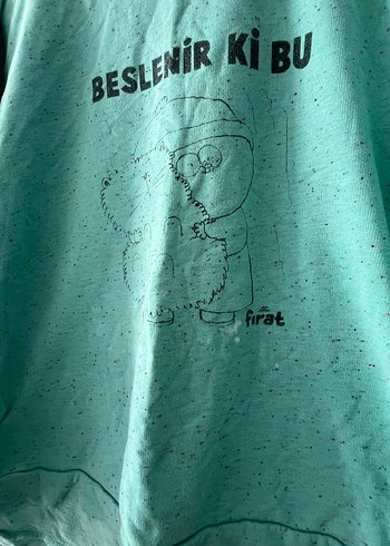 l Beden Düğmeli Turkuaz Baskılı Kız Sweatshirt