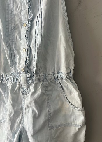 38 Beden Kadın için Mavi Batik Desenli Denim Tulum