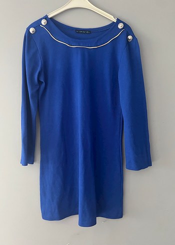 Düğmeli, Uzun Kollu Mavi Midi Tunik