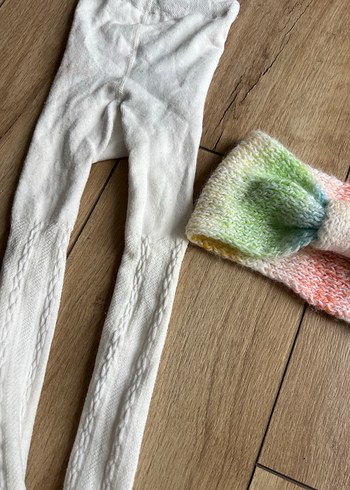 12-18 Ay Beden Beyaz örme çocuk külotlu çorap ve pastel renkli saç bandı
