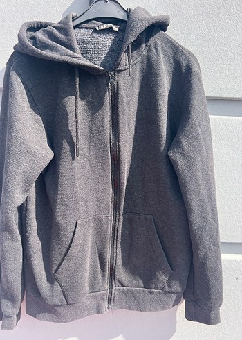 Gri Kapüşonlu Fermuarlı Erkek Sweatshirt