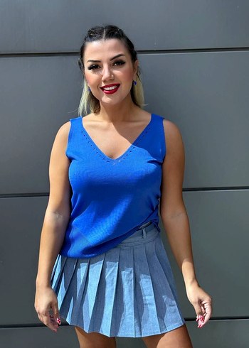 xl Beden Mavi V Yaka Kolsuz Kadın Bluz