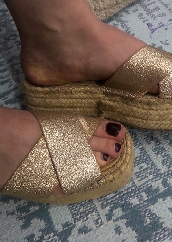 Kadın Altın Simli Dolgu Topuklu Espadril - Görsel 8