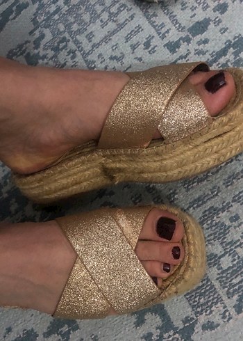 Kadın Altın Simli Dolgu Topuklu Espadril - Görsel 7