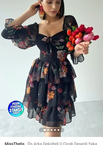 Çiçek Desenli Fırfırlı Mini Elbise