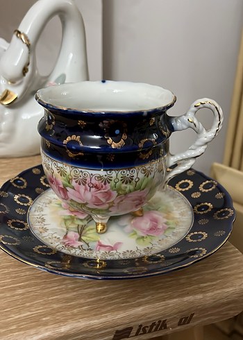 Kobalt Mavi Çiçek Desenli Porselen Fincan ve Tabak - Görsel 2