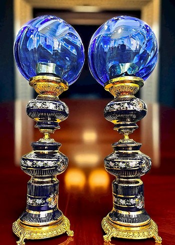Koyu Mavi Camlı Antika Masa Lambası Çifti - Görsel 3