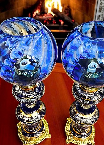 Koyu Mavi Camlı Antika Masa Lambası Çifti - Görsel 2