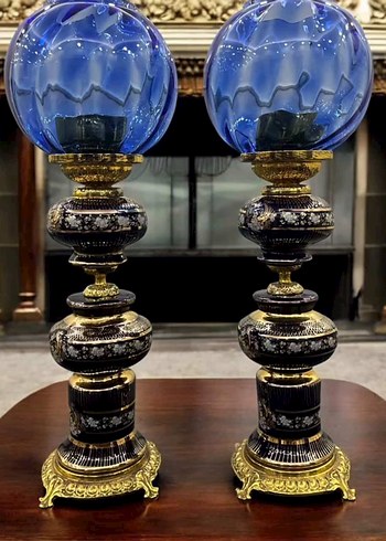 Koyu Mavi Camlı Antika Masa Lambası Çifti - Görsel 4