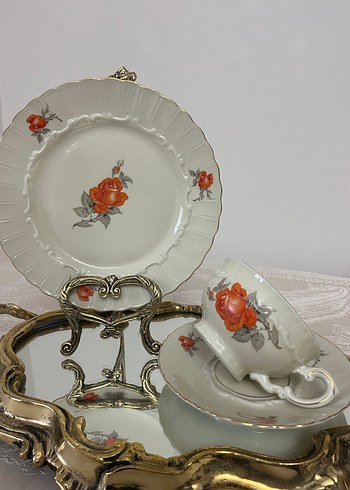 Gri ve Turuncu Çiçek Desenli Porselen Fincan Takımı - Görsel 3