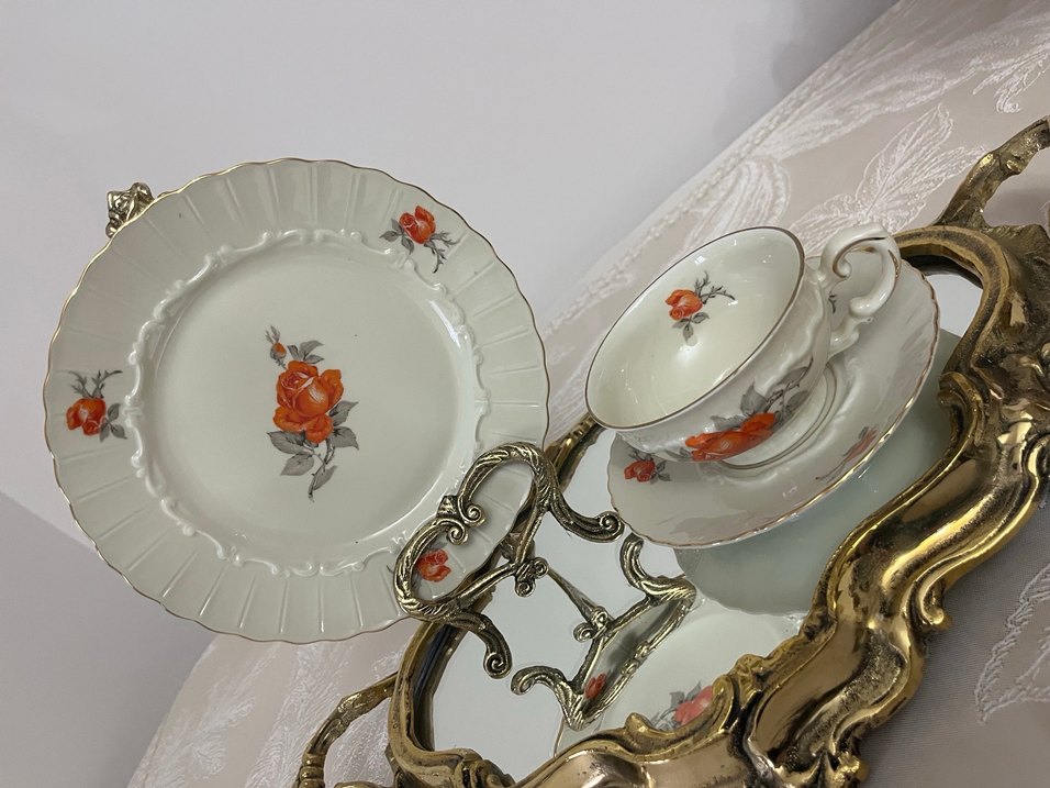 Gri ve Turuncu Çiçek Desenli Porselen Fincan Takımı - Görsel 2