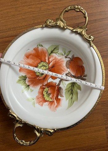 Altın Detaylı Turuncu Çiçekli Porselen Tabak - Görsel 2