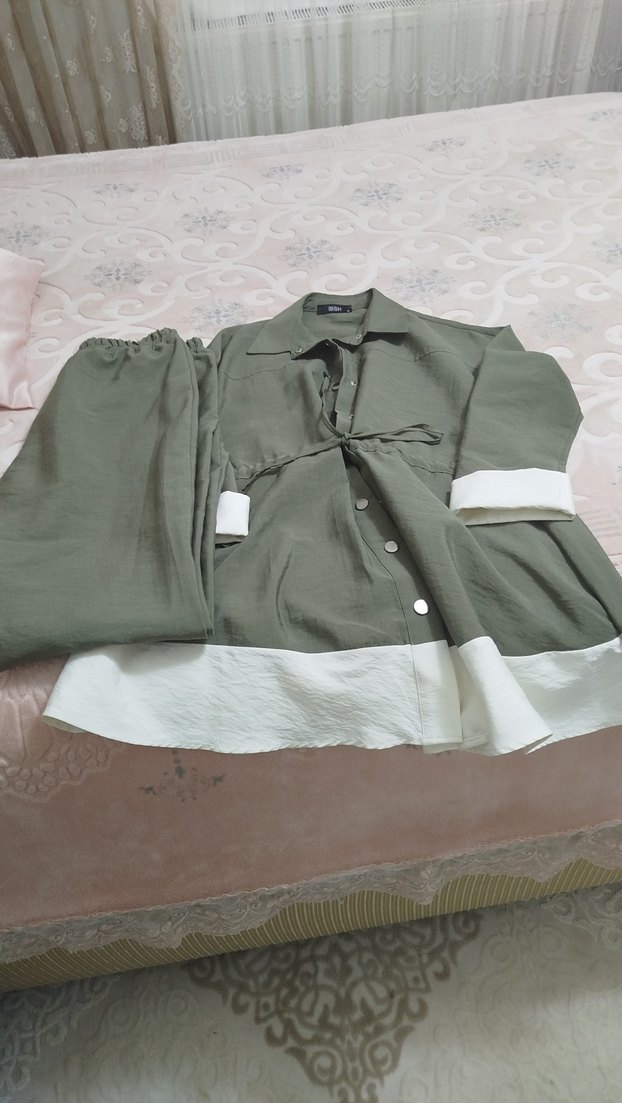 Düğmeli  keten takım beli ipli - Görsel 2