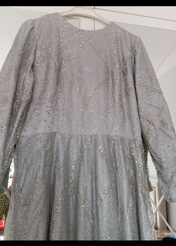 Gri Uzun Kollu Drapeli Abiye Elbise - Görsel 8