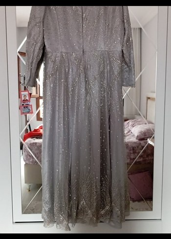 Gri Uzun Kollu Drapeli Abiye Elbise - Görsel 6