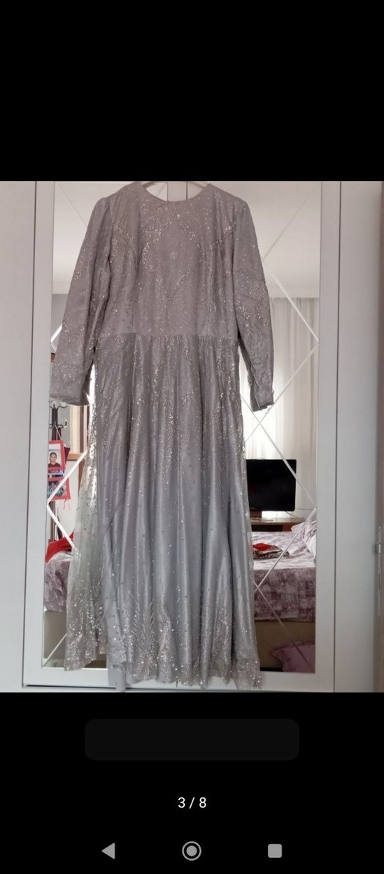 Gri Uzun Kollu Drapeli Abiye Elbise - Görsel 3