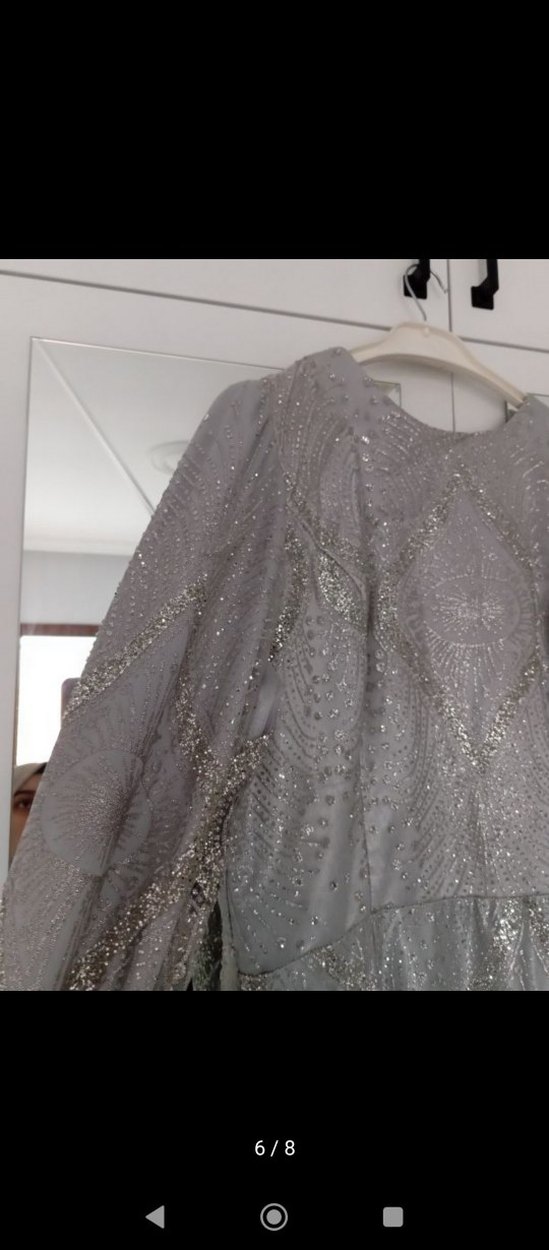 Gri Uzun Kollu Drapeli Abiye Elbise - Görsel 4