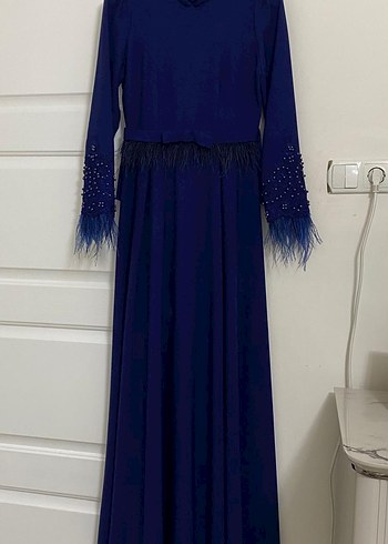 Uzun Kollu Lacivert Drapeli Abiye Elbise - Görsel 3