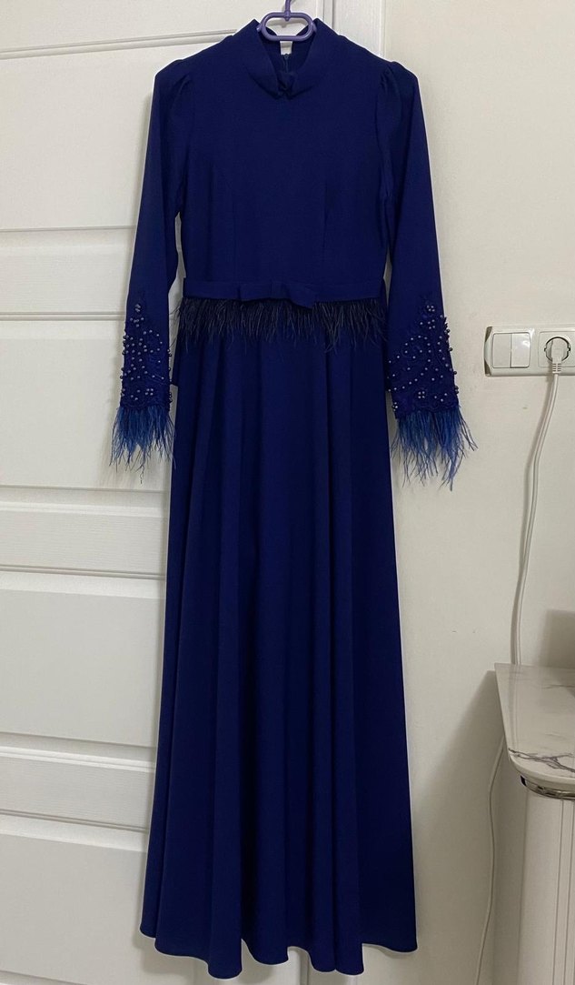 Uzun Kollu Lacivert Drapeli Abiye Elbise - Görsel 3