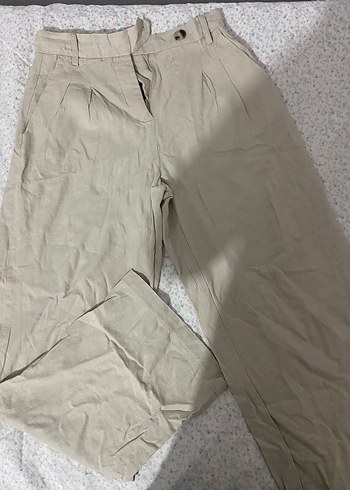 Bershka Bej Kadın Keten Düğmeli Pantolon - Görsel 3