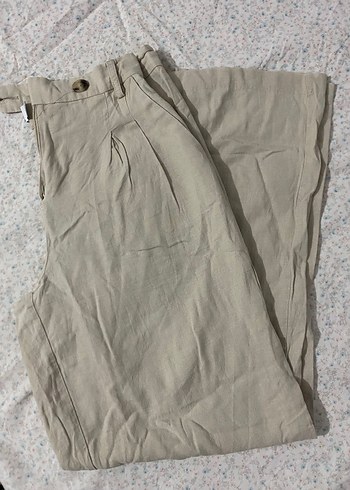 Bershka Bej Kadın Keten Düğmeli Pantolon - Görsel 4