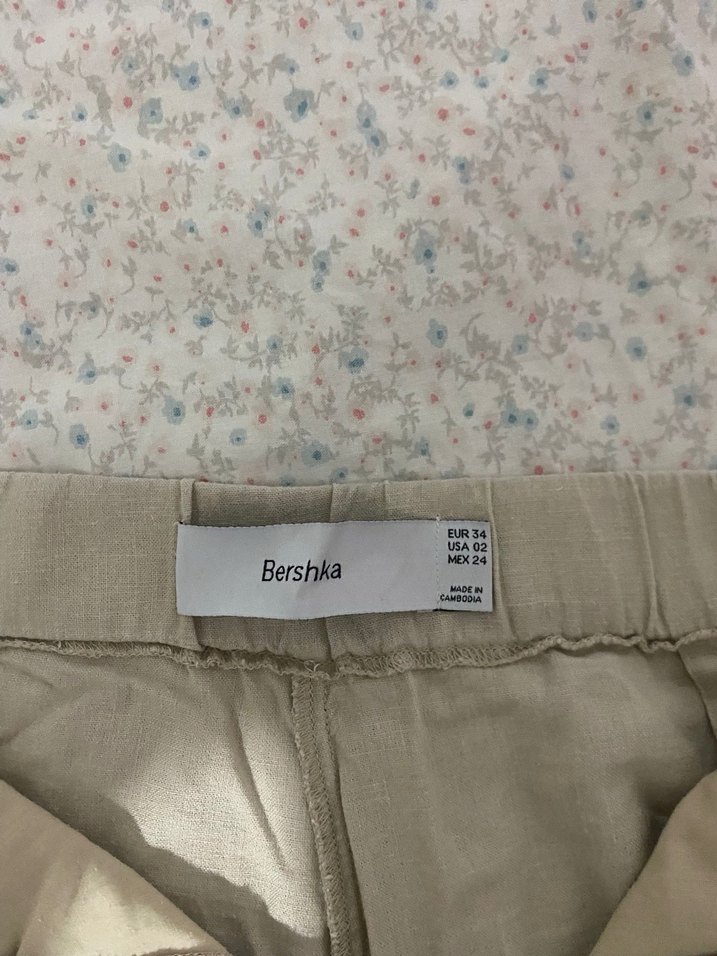 Bershka Bej Kadın Keten Düğmeli Pantolon - Görsel 2