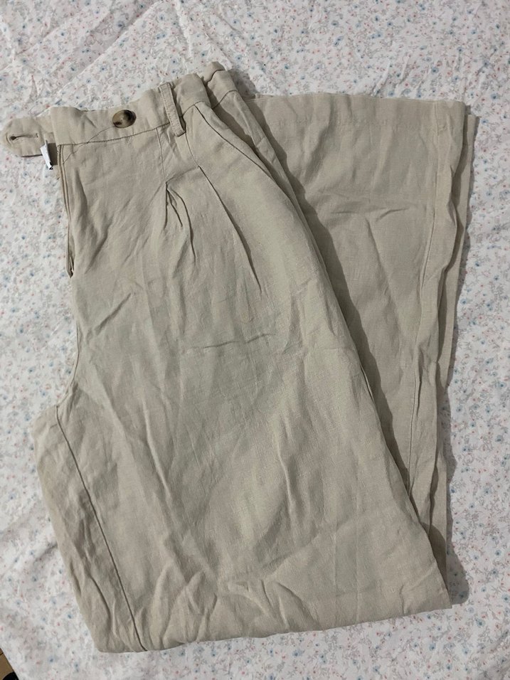 Bershka Bej Kadın Keten Düğmeli Pantolon - Görsel 4