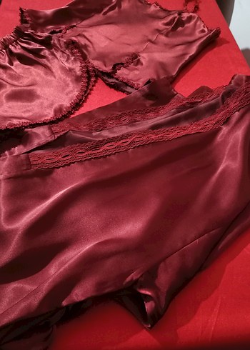 Bordo Parlak Uzun Kadın Sabahlık ve şortlu takım - Görsel 8