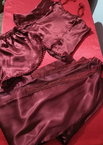 Bordo Parlak Uzun Kadın Sabahlık ve şortlu takım - Görsel 7