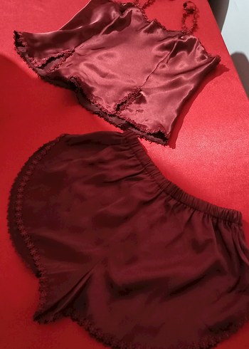 Bordo Parlak Uzun Kadın Sabahlık ve şortlu takım - Görsel 5