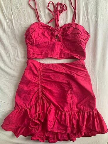 H&M yazlık keten ikili fırfırlı etek takım