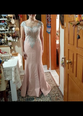 Pudra Pembe Nakışlı Dantel Uzun Abiye Elbise - Görsel 3