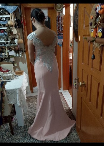 Pudra Pembe Nakışlı Dantel Uzun Abiye Elbise - Görsel 2